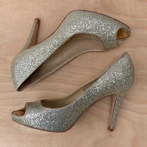 WHITE HOUSE BLACK MARKET Gold Glitter Dancer Peep Toe Heels/Pumps